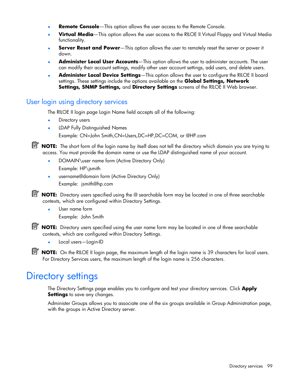 User login using directory services, Directory settings | HP Remote Insight Lights-Out Edition II Board User Manual | Page 99 / 205