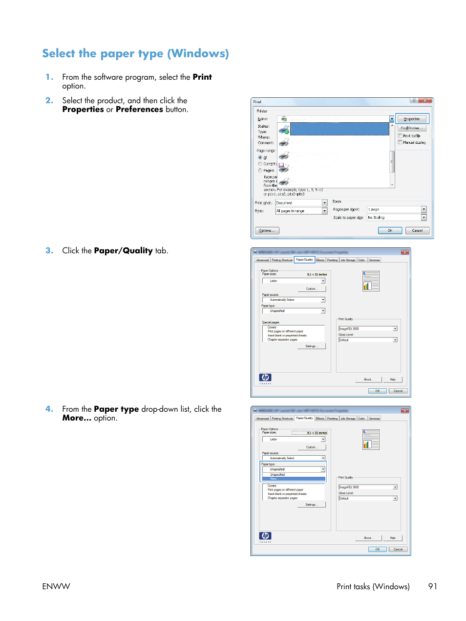 Select the paper type (windows) | HP LaserJet Enterprise 700 color MFP M775 series User Manual | Page 105 / 332