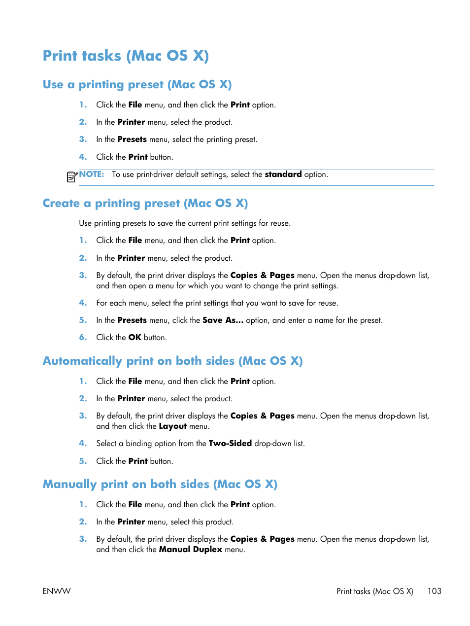 Print tasks (mac os x), Use a printing preset (mac os x), Create a printing preset (mac os x) | Automatically print on both sides (mac os x), Manually print on both sides (mac os x) | HP LaserJet Enterprise 700 color MFP M775 series User Manual | Page 117 / 332