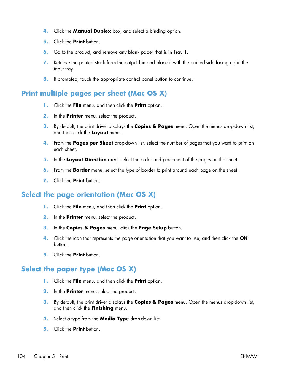 Select the paper type (mac os x), Print multiple pages per sheet (mac os x), Select the page orientation (mac os x) | HP LaserJet Enterprise 700 color MFP M775 series User Manual | Page 118 / 332