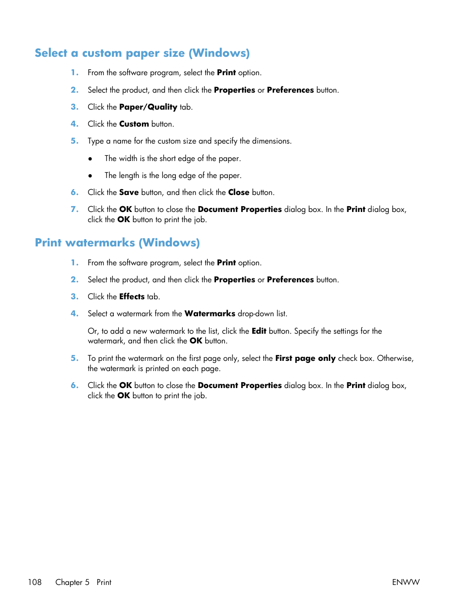 Select a custom paper size (windows), Print watermarks (windows) | HP LaserJet Enterprise 700 color MFP M775 series User Manual | Page 122 / 332