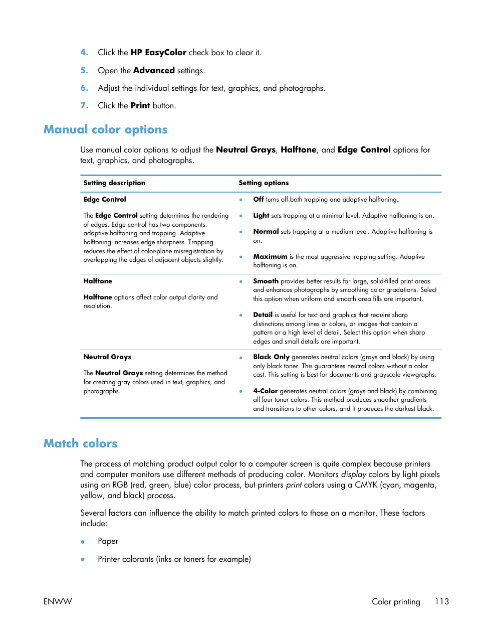 Manual color options, Match colors, Manual color options match colors | HP LaserJet Enterprise 700 color MFP M775 series User Manual | Page 127 / 332