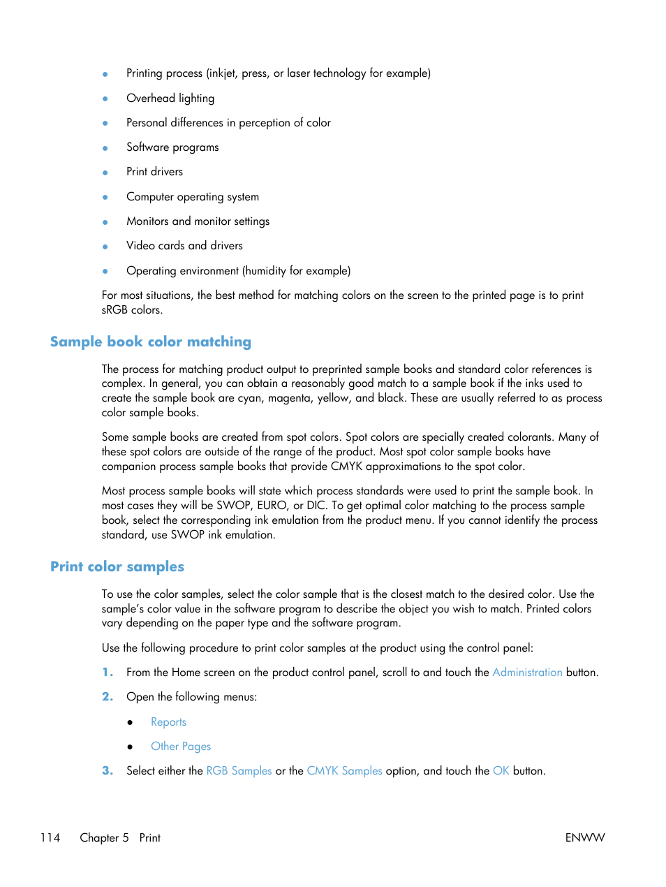 Sample book color matching, Print color samples, Sample book color matching print color samples | HP LaserJet Enterprise 700 color MFP M775 series User Manual | Page 128 / 332