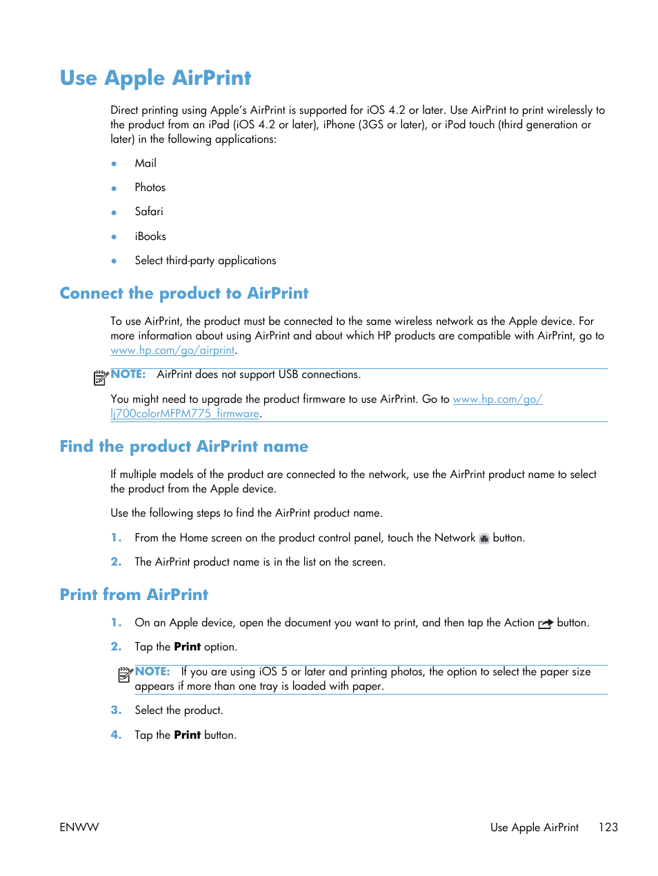 Use apple airprint, Connect the product to airprint, Find the product airprint name | Print from airprint | HP LaserJet Enterprise 700 color MFP M775 series User Manual | Page 137 / 332