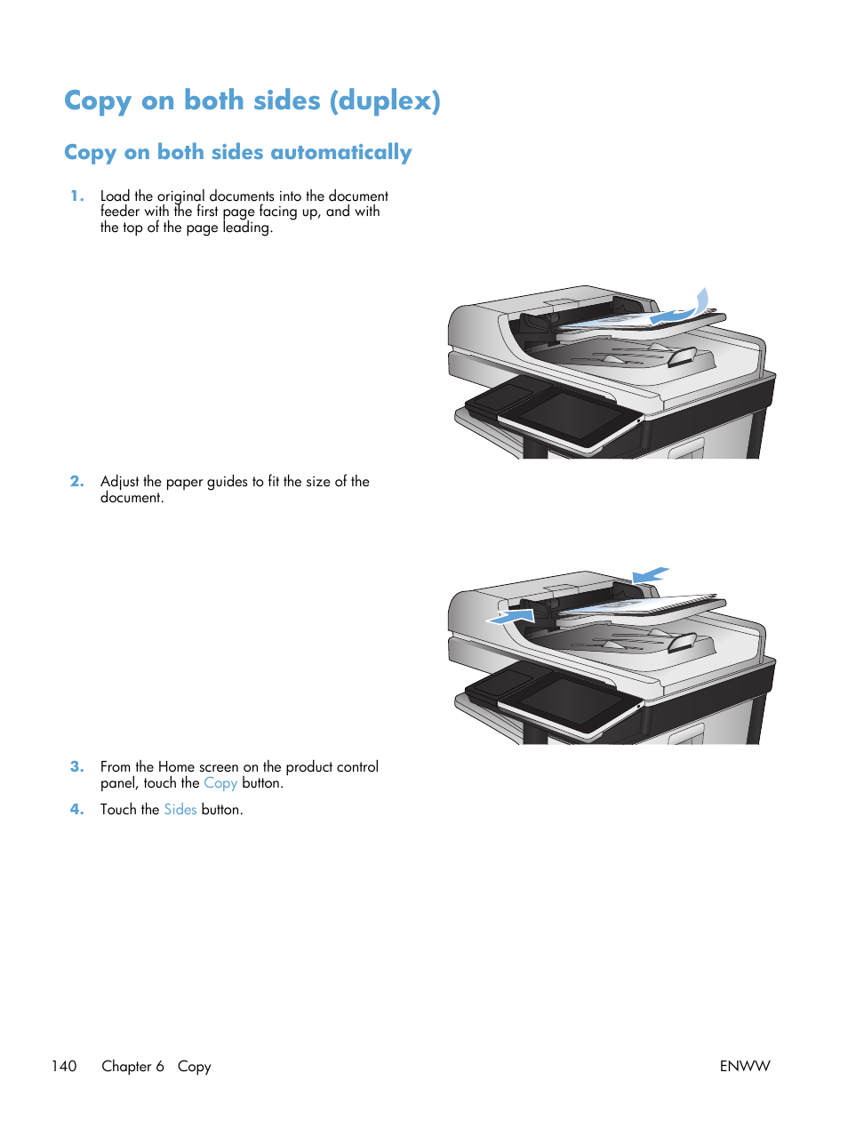 Copy on both sides (duplex), Copy on both sides automatically | HP LaserJet Enterprise 700 color MFP M775 series User Manual | Page 154 / 332