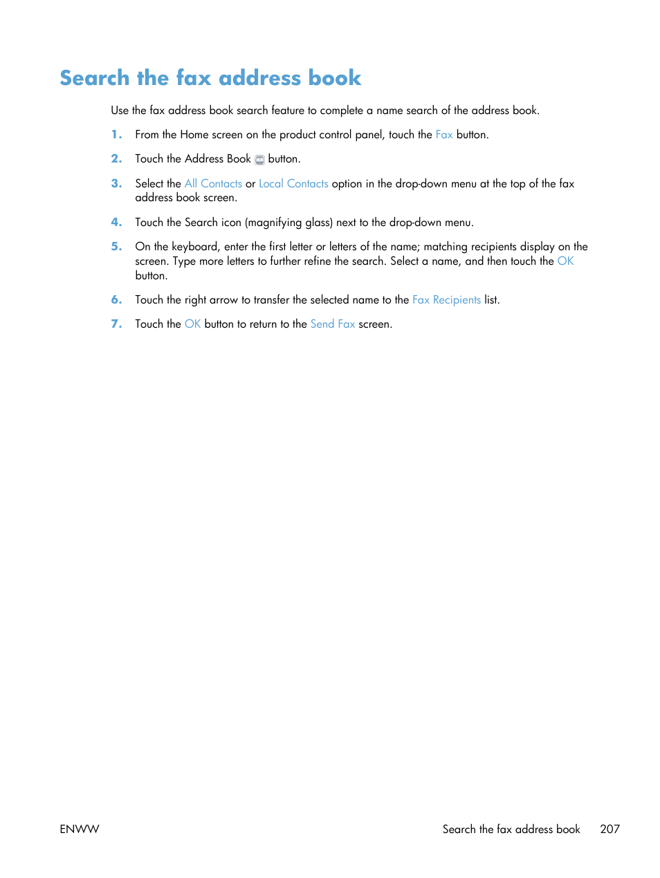 Search the fax address book | HP LaserJet Enterprise 700 color MFP M775 series User Manual | Page 221 / 332