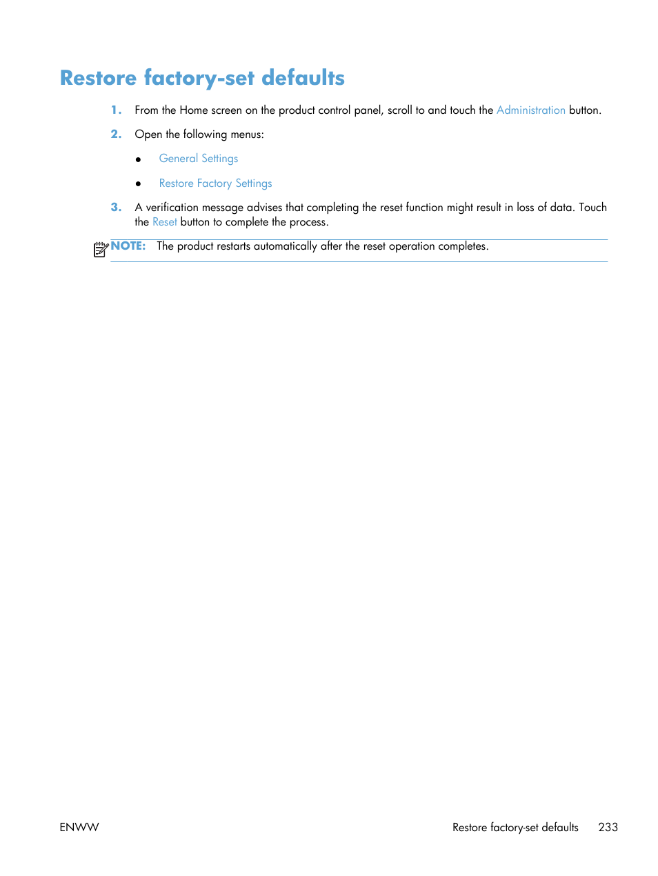 Restore factory-set defaults | HP LaserJet Enterprise 700 color MFP M775 series User Manual | Page 247 / 332