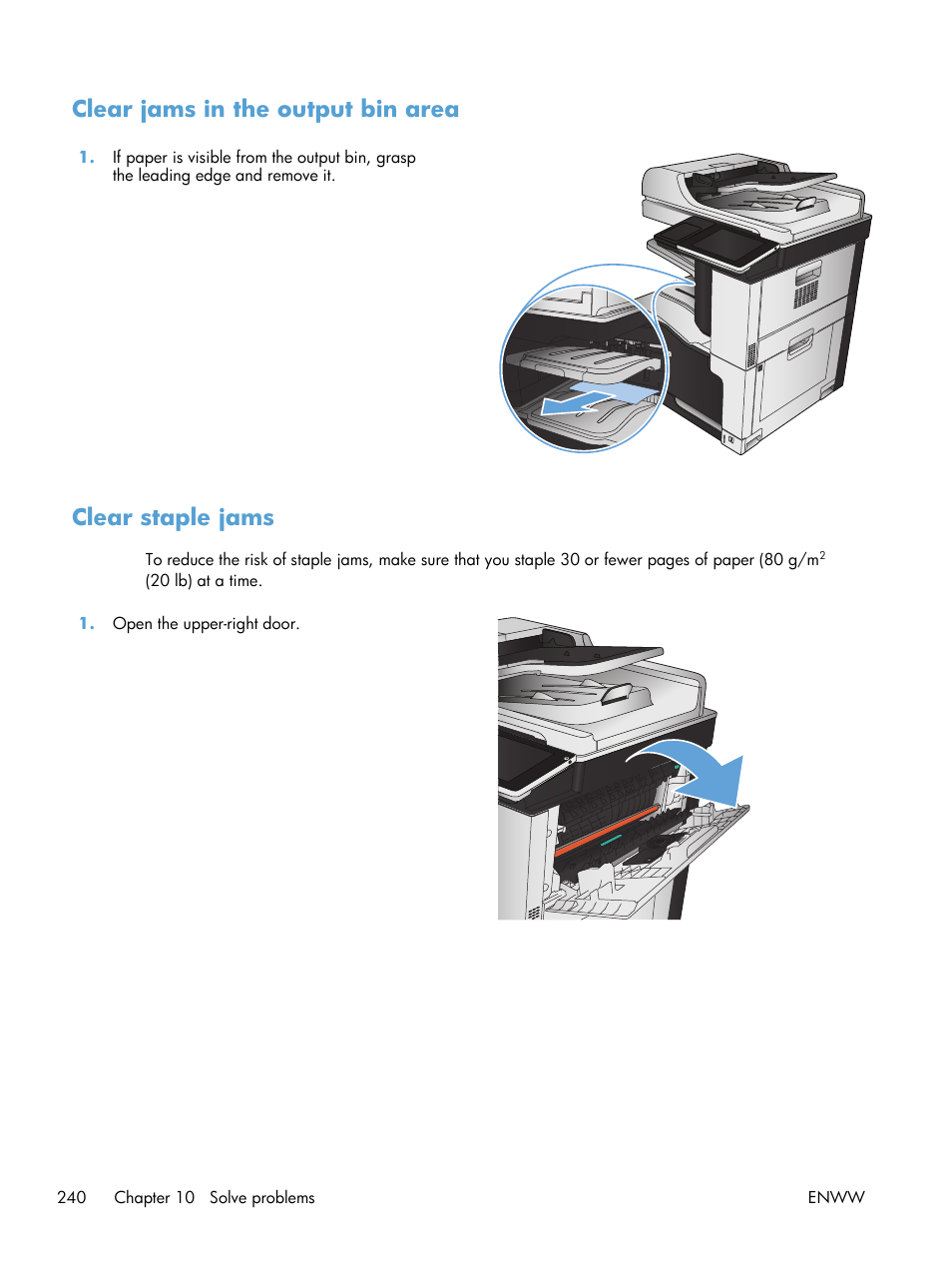 Clear jams in the output bin area, Clear staple jams | HP LaserJet Enterprise 700 color MFP M775 series User Manual | Page 254 / 332