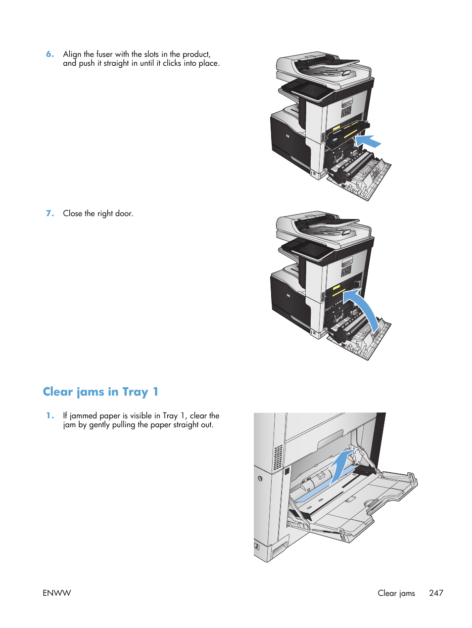 Clear jams in tray 1 | HP LaserJet Enterprise 700 color MFP M775 series User Manual | Page 261 / 332
