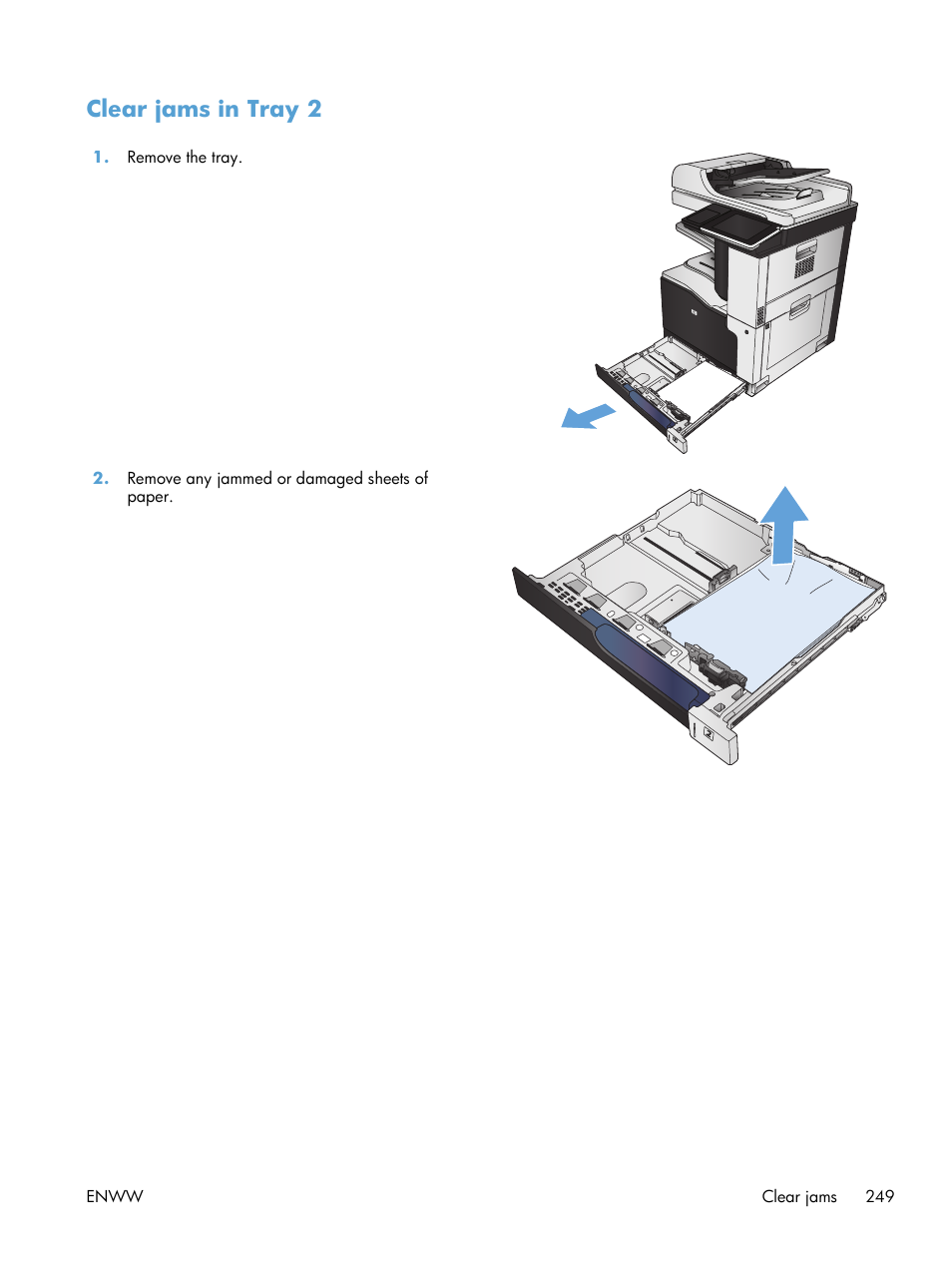 Clear jams in tray 2 | HP LaserJet Enterprise 700 color MFP M775 series User Manual | Page 263 / 332