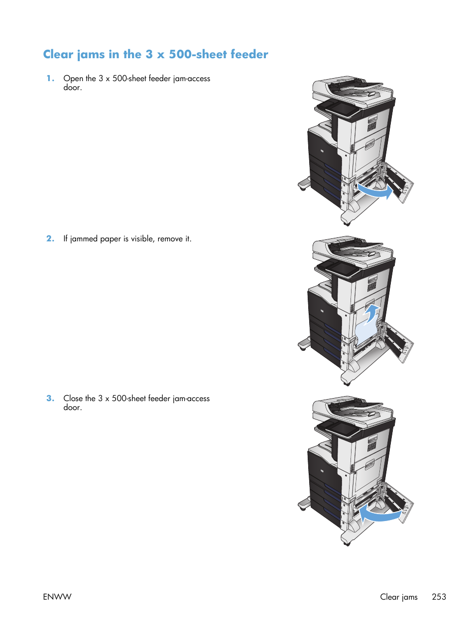 Clear jams in the 3 x 500-sheet feeder | HP LaserJet Enterprise 700 color MFP M775 series User Manual | Page 267 / 332