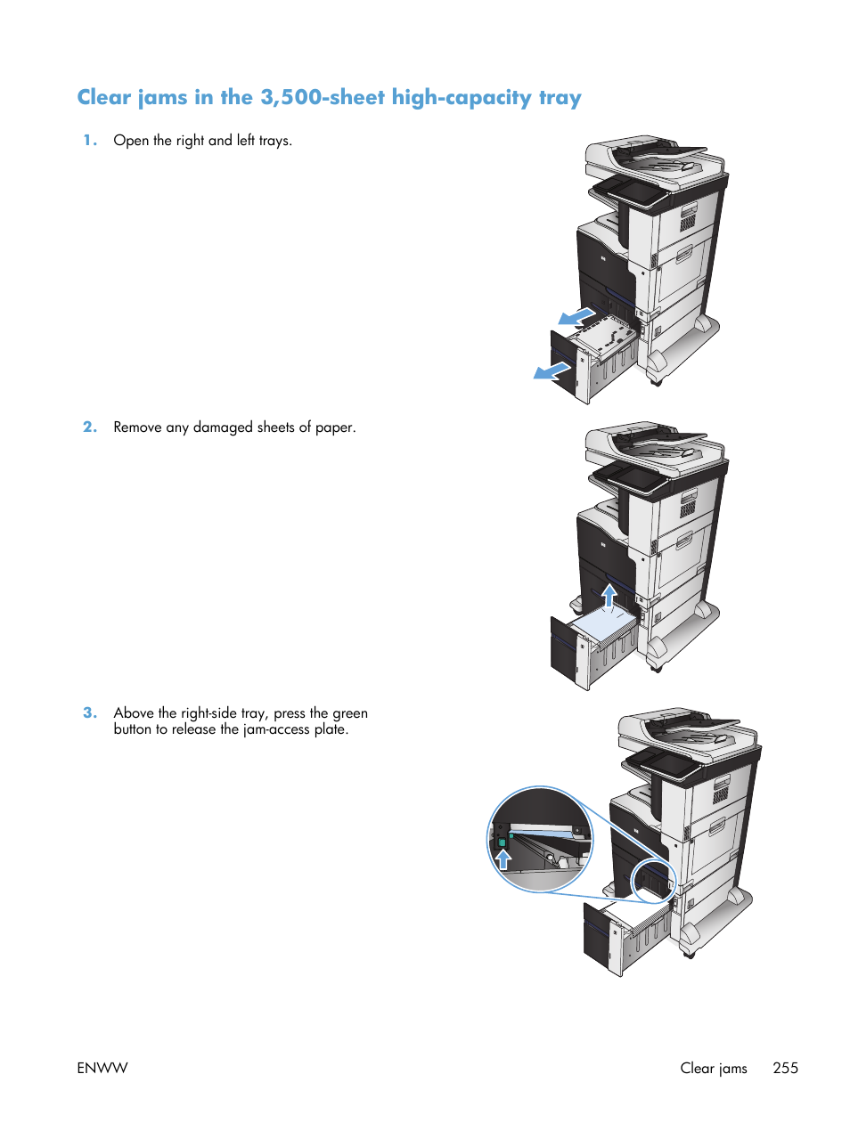 Clear jams in the 3,500-sheet high-capacity tray | HP LaserJet Enterprise 700 color MFP M775 series User Manual | Page 269 / 332