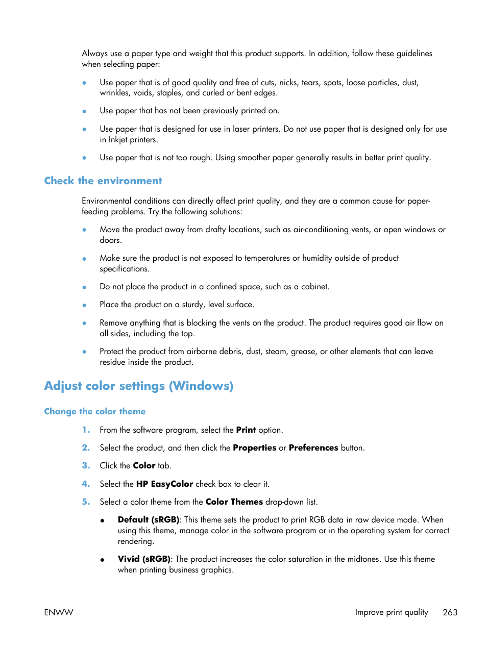 Check the environment, Adjust color settings (windows) | HP LaserJet Enterprise 700 color MFP M775 series User Manual | Page 277 / 332
