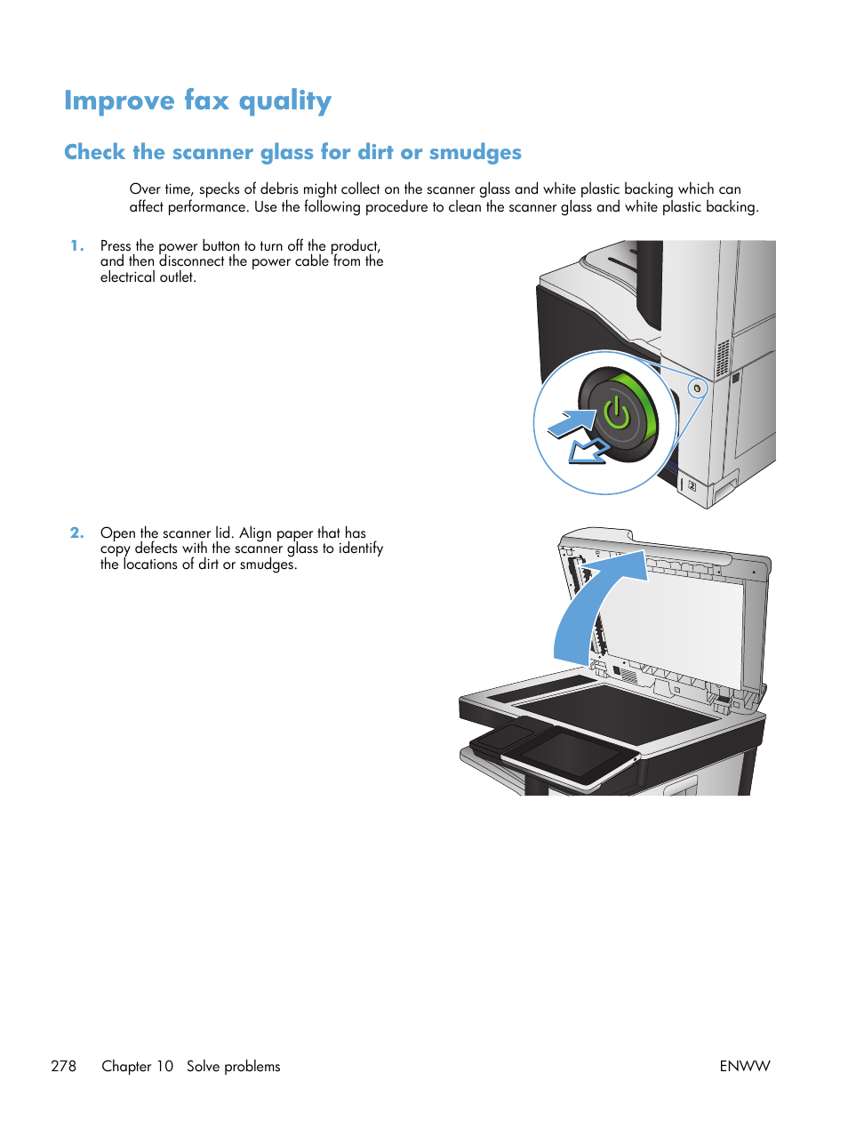 Improve fax quality, Check the scanner glass for dirt or smudges | HP LaserJet Enterprise 700 color MFP M775 series User Manual | Page 292 / 332