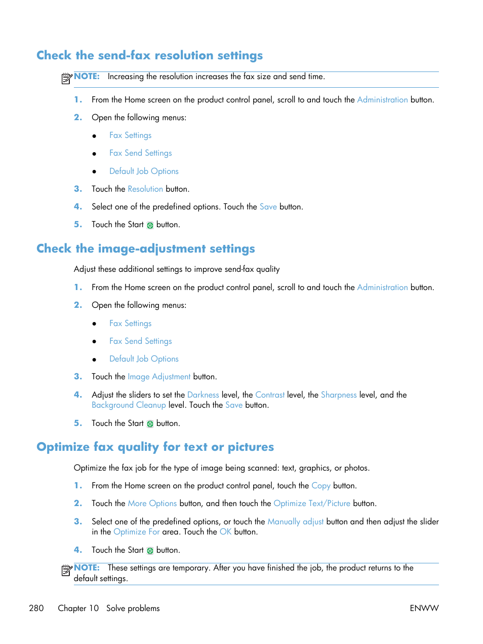 Check the send-fax resolution settings, Check the image-adjustment settings, Optimize fax quality for text or pictures | HP LaserJet Enterprise 700 color MFP M775 series User Manual | Page 294 / 332