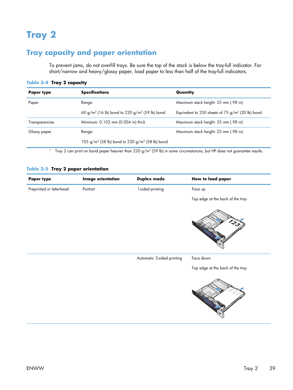 Tray 2, Tray capacity and paper orientation, Enww tray 2 39 | HP LaserJet Enterprise 700 color MFP M775 series User Manual | Page 53 / 332