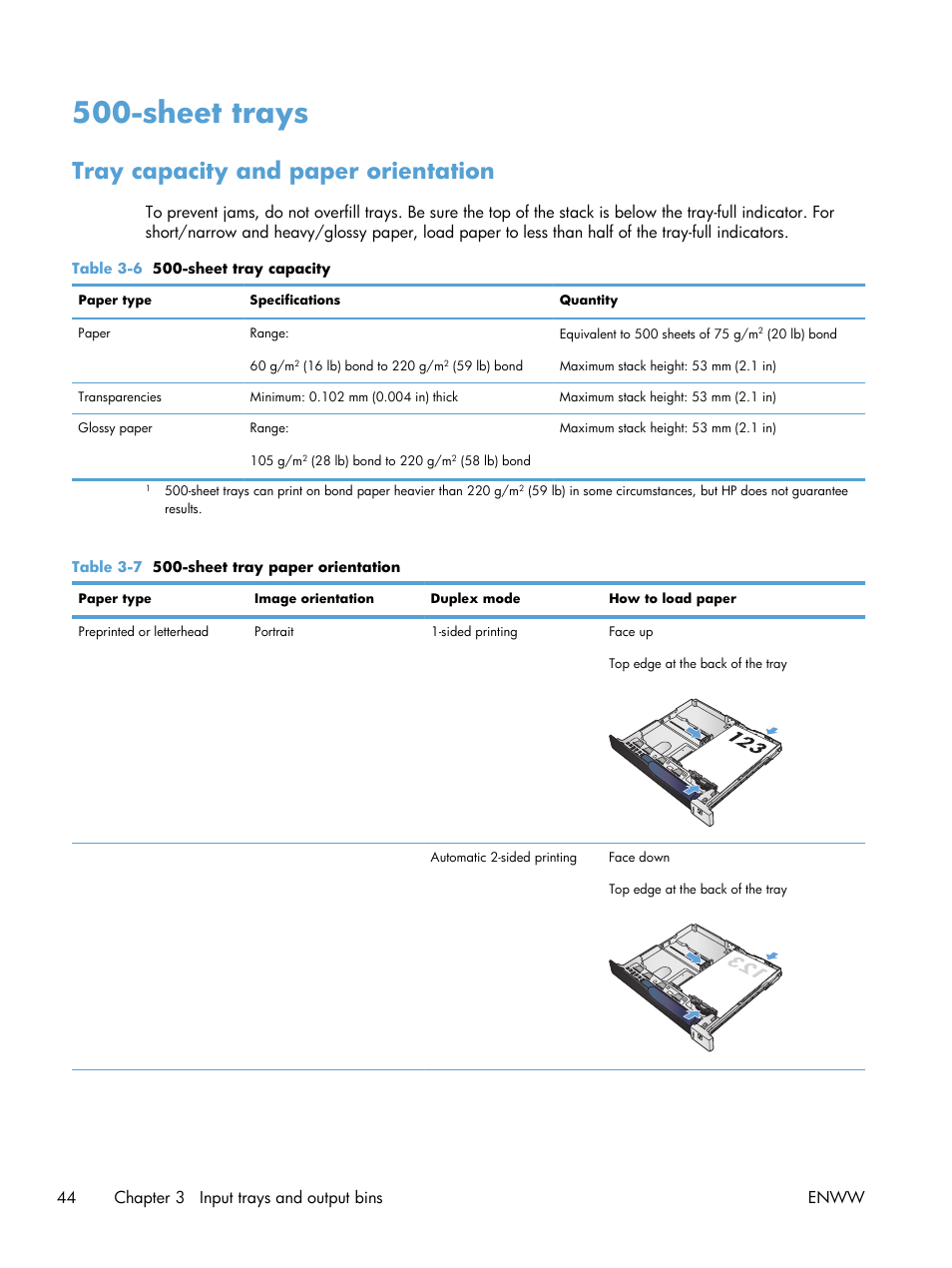 Sheet trays, Tray capacity and paper orientation, 44 chapter 3 input trays and output bins enww | HP LaserJet Enterprise 700 color MFP M775 series User Manual | Page 58 / 332