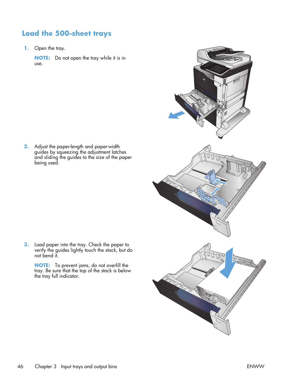 Load the 500-sheet trays | HP LaserJet Enterprise 700 color MFP M775 series User Manual | Page 60 / 332