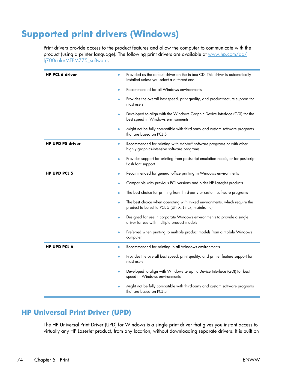 Supported print drivers (windows), Hp universal print driver (upd) | HP LaserJet Enterprise 700 color MFP M775 series User Manual | Page 88 / 332