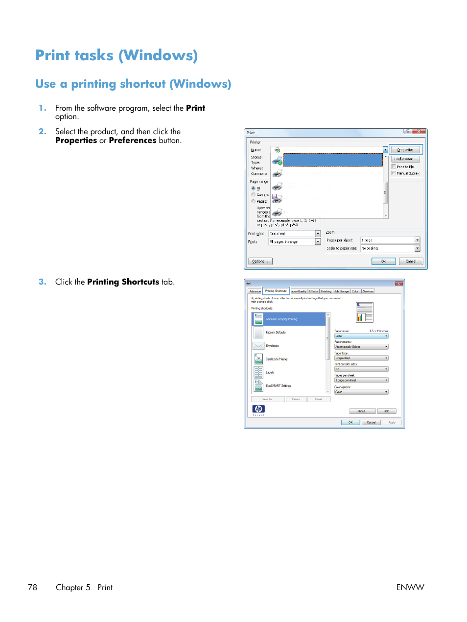 Print tasks (windows), Use a printing shortcut (windows) | HP LaserJet Enterprise 700 color MFP M775 series User Manual | Page 92 / 332
