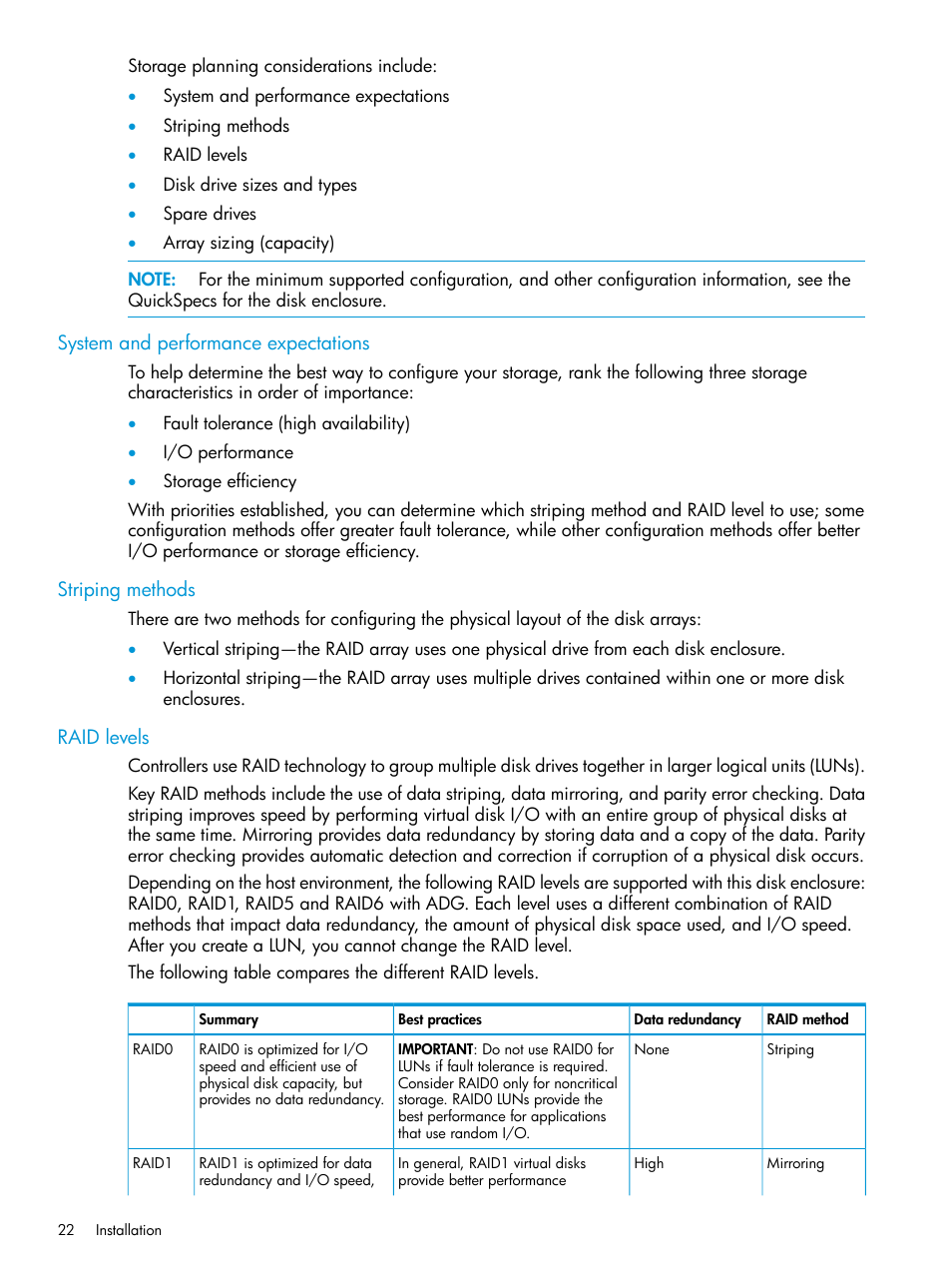 System and performance expectations, Striping methods, Raid levels | HP D3000 Disk Enclosures User Manual | Page 22 / 69