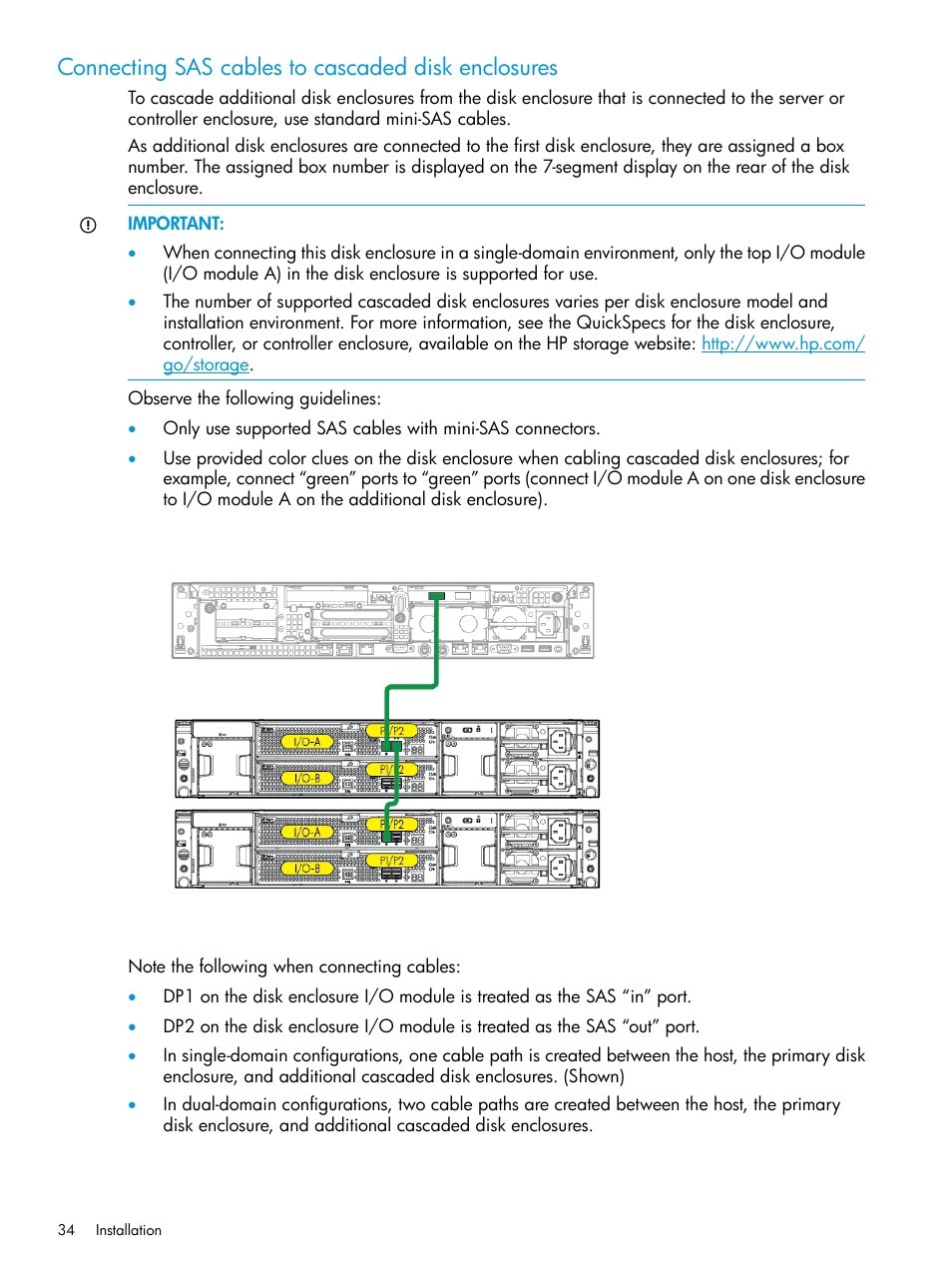 Connecting sas cables to cascaded disk enclosures | HP D3000 Disk Enclosures User Manual | Page 34 / 69
