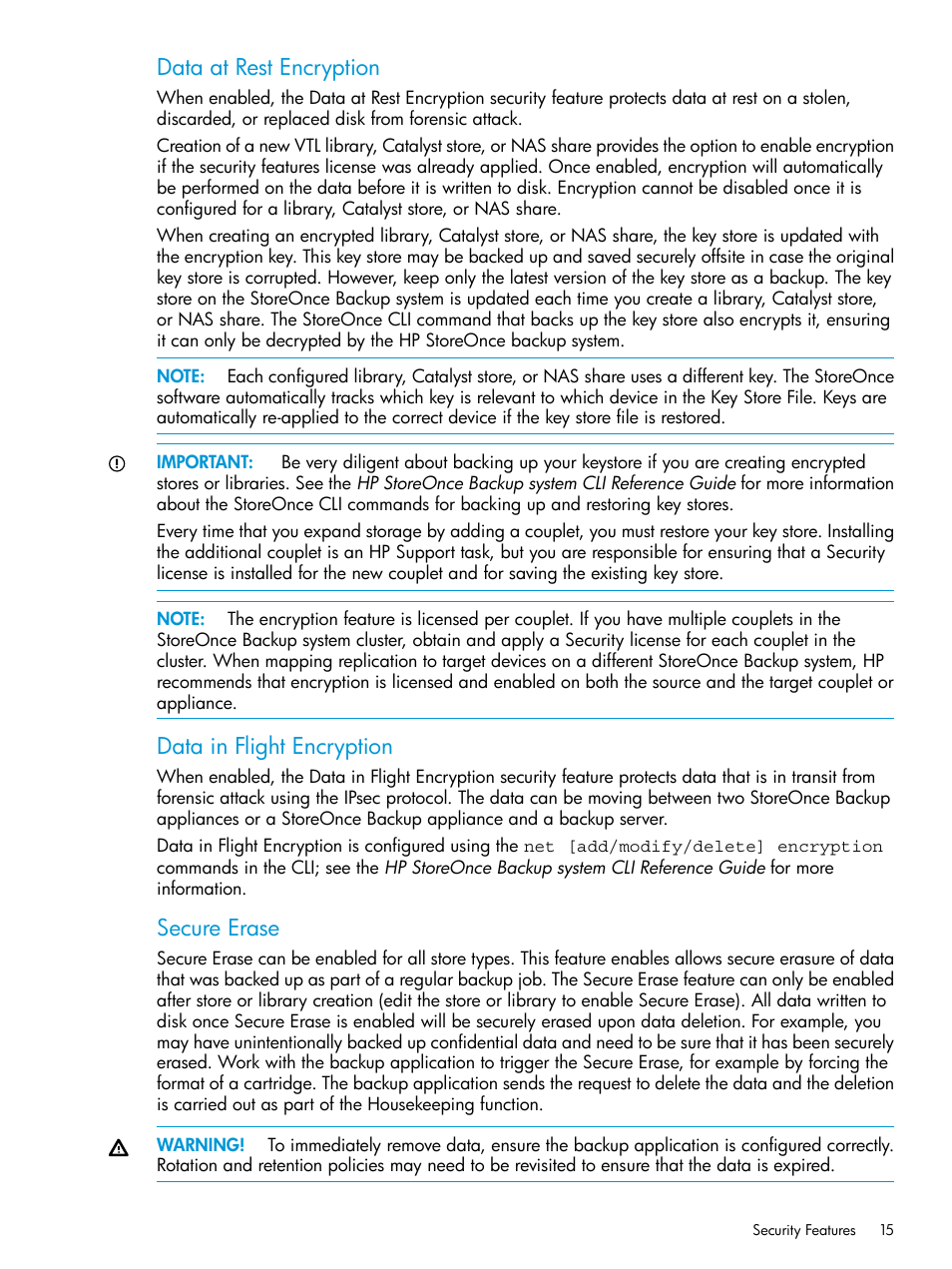 Data at rest encryption, Data in flight encryption, Secure erase | HP StoreOnce Backup User Manual | Page 15 / 220