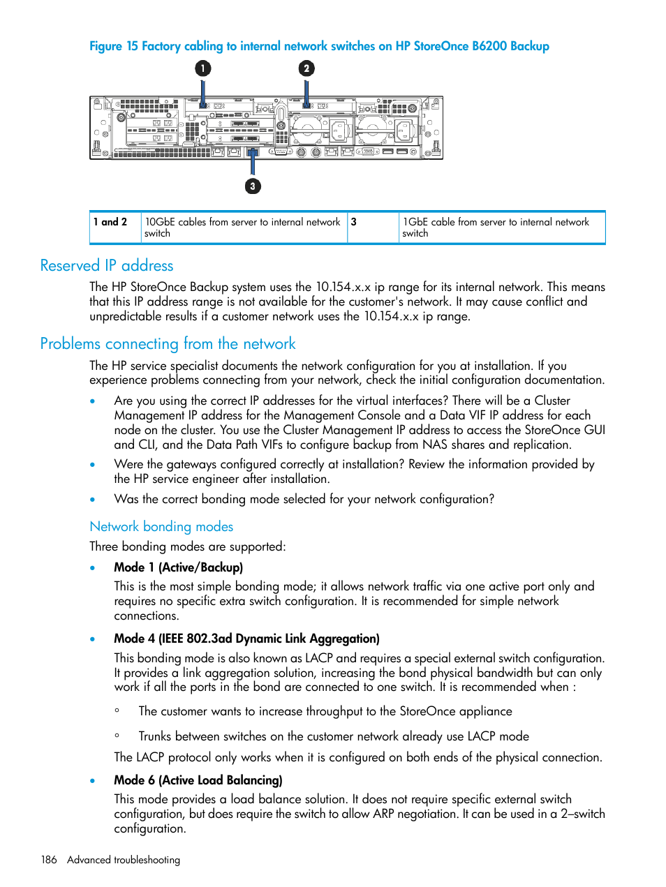 Reserved ip address, Problems connecting from the network | HP StoreOnce Backup User Manual | Page 186 / 220
