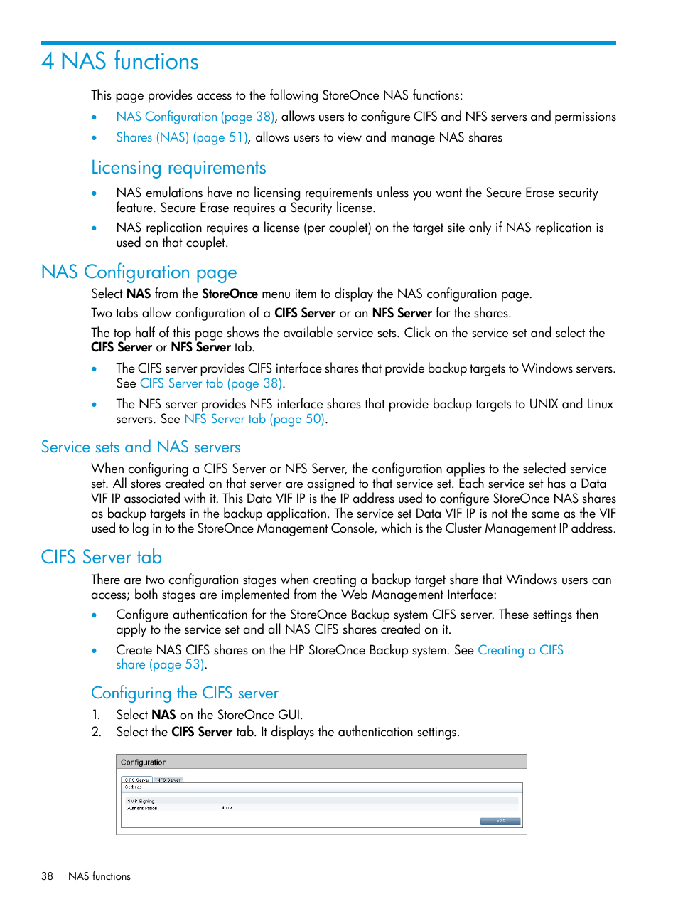 4 nas functions, Service sets and nas servers, Cifs server tab | Licensing requirements, Nas configuration page, Configuring the cifs server | HP StoreOnce Backup User Manual | Page 38 / 220