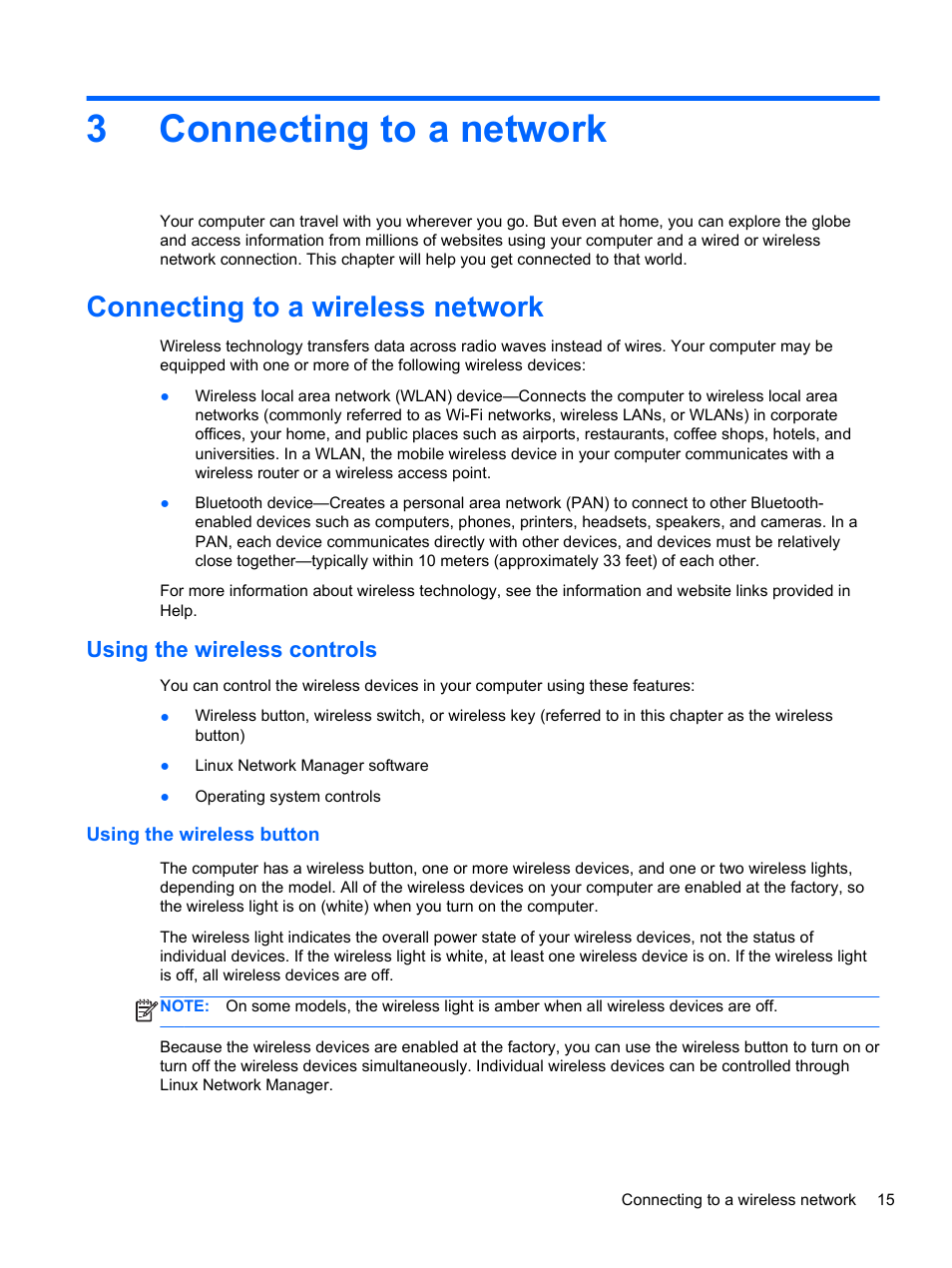 Connecting to a network, Connecting to a wireless network, Using the wireless controls | Using the wireless button, 3 connecting to a network, Connecting, 3connecting to a network | HP 655 Notebook-PC User Manual | Page 25 / 83