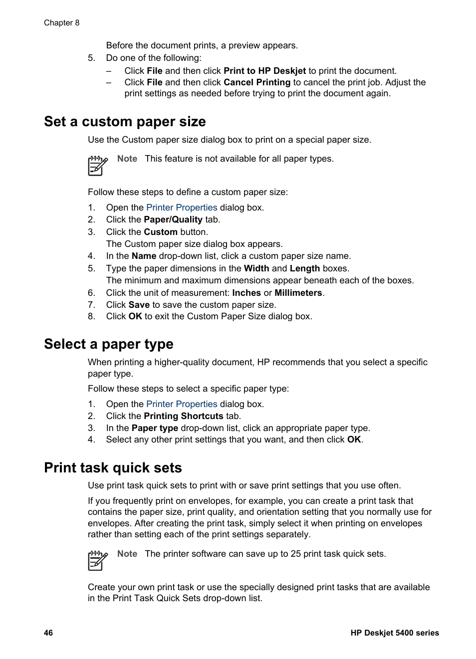 Set a custom paper size, Select a paper type, Print task quick sets | On a, Custom paper size, Paper type | HP Deskjet 5440 Photo Printer User Manual | Page 48 / 94