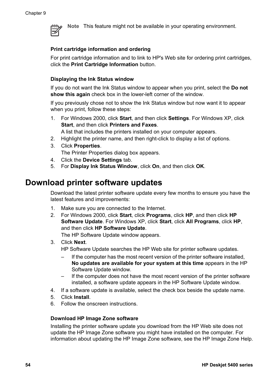 Download printer software updates, Printer software updates | HP Deskjet 5440 Photo Printer User Manual | Page 56 / 94