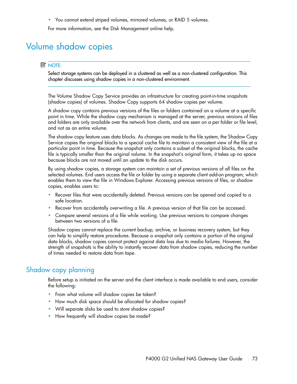 Volume shadow copies, Shadow copy planning | HP StoreVirtual 4000 Storage User Manual | Page 73 / 128