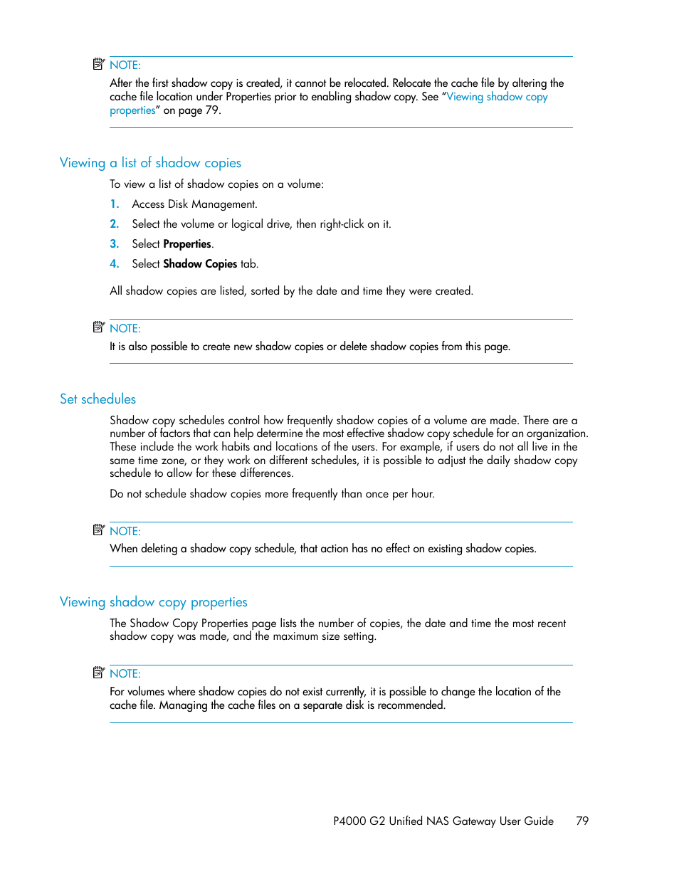 Viewing a list of shadow copies, Set schedules, Viewing shadow copy properties | 79 set schedules, 79 viewing shadow copy properties | HP StoreVirtual 4000 Storage User Manual | Page 79 / 128