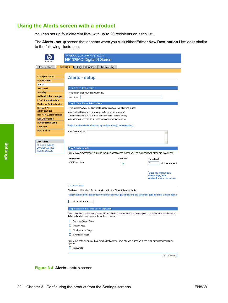 Using the alerts screen with a product, Figure 3-4 alerts - setup screen, Ation, see | Using the alerts, Screen with a product | HP 9250c Digital-Sender User Manual | Page 32 / 98