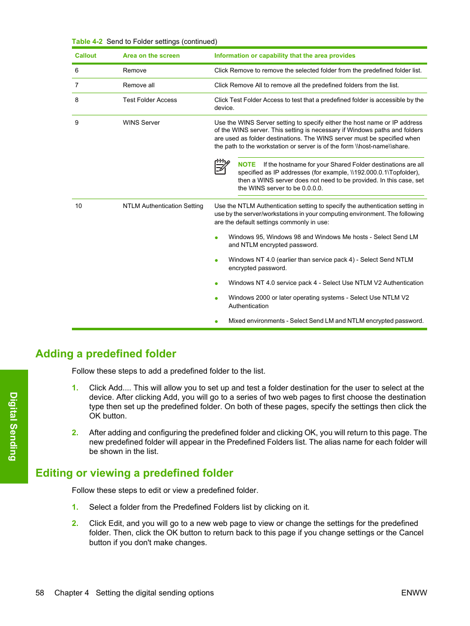 Adding a predefined folder, Editing or viewing a predefined folder, Digital send in g | HP 9250c Digital-Sender User Manual | Page 68 / 98