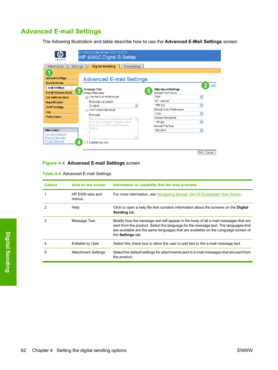 Advanced e-mail settings, Table 4-4 advanced e-mail settings, Figure 4-4 advanced e-mail settings screen | Digital send in g | HP 9250c Digital-Sender User Manual | Page 72 / 98