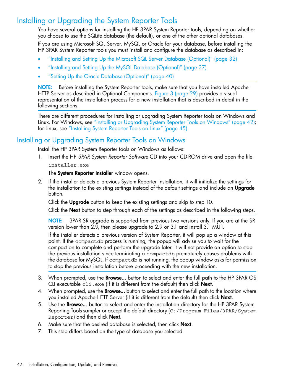 Installing or upgrading the system reporter tools, Installing or, Installing or upgrading system | Installing or upgrading the system reporter | HP 3PAR System Reporter Software User Manual | Page 42 / 237
