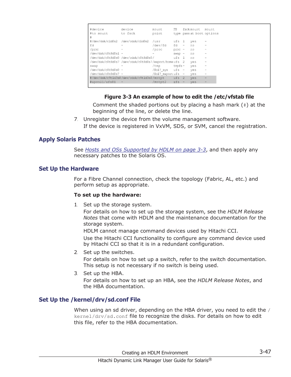 Apply solaris patches -47, Set up the hardware -47, Set up the /kernel/drv/sd.conf file -47 | HP XP P9500 Storage User Manual | Page 113 / 618