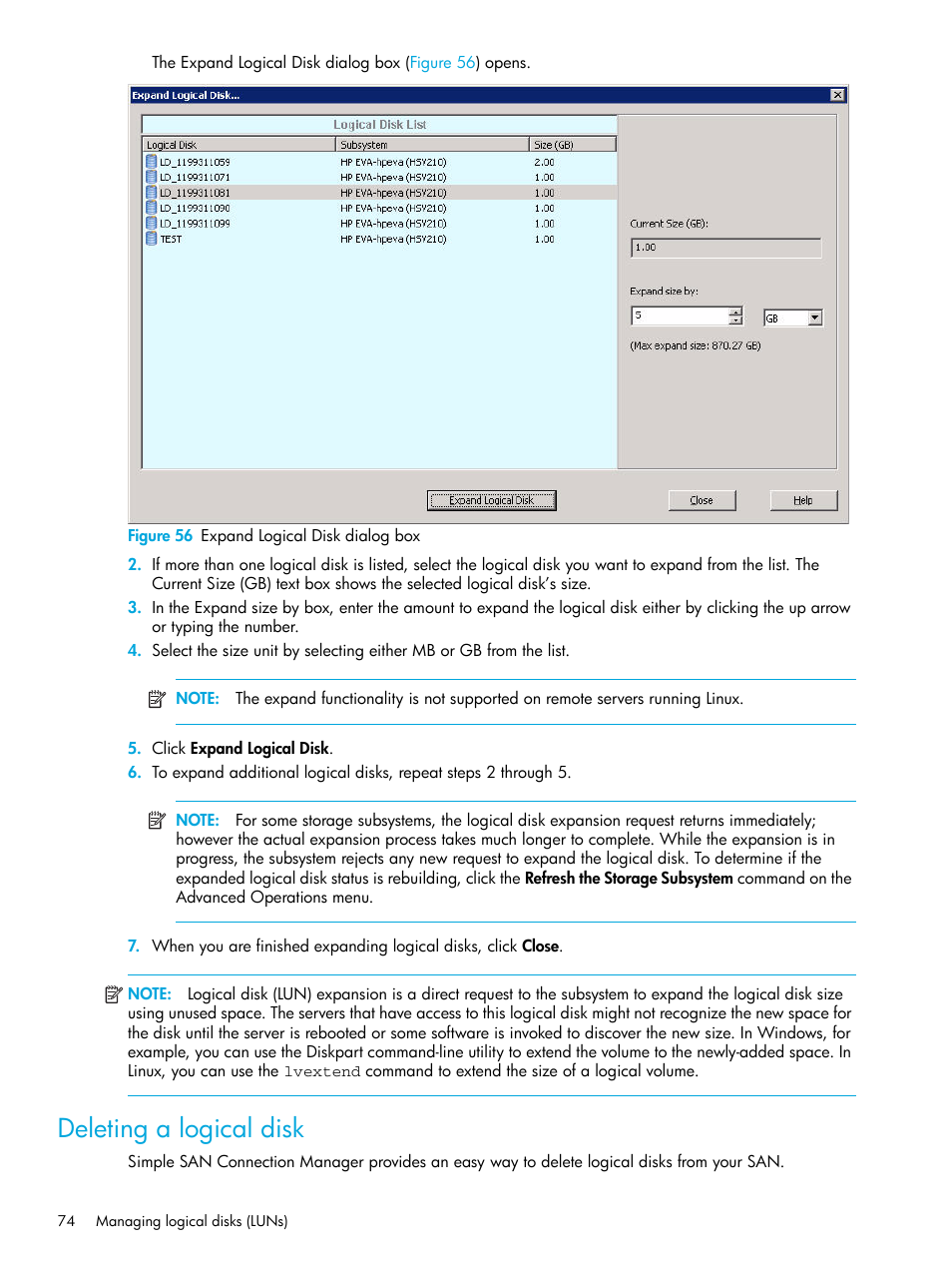 Deleting a logical disk, 56 expand logical disk dialog box | HP 8.20q Fibre Channel Switch User Manual | Page 74 / 98