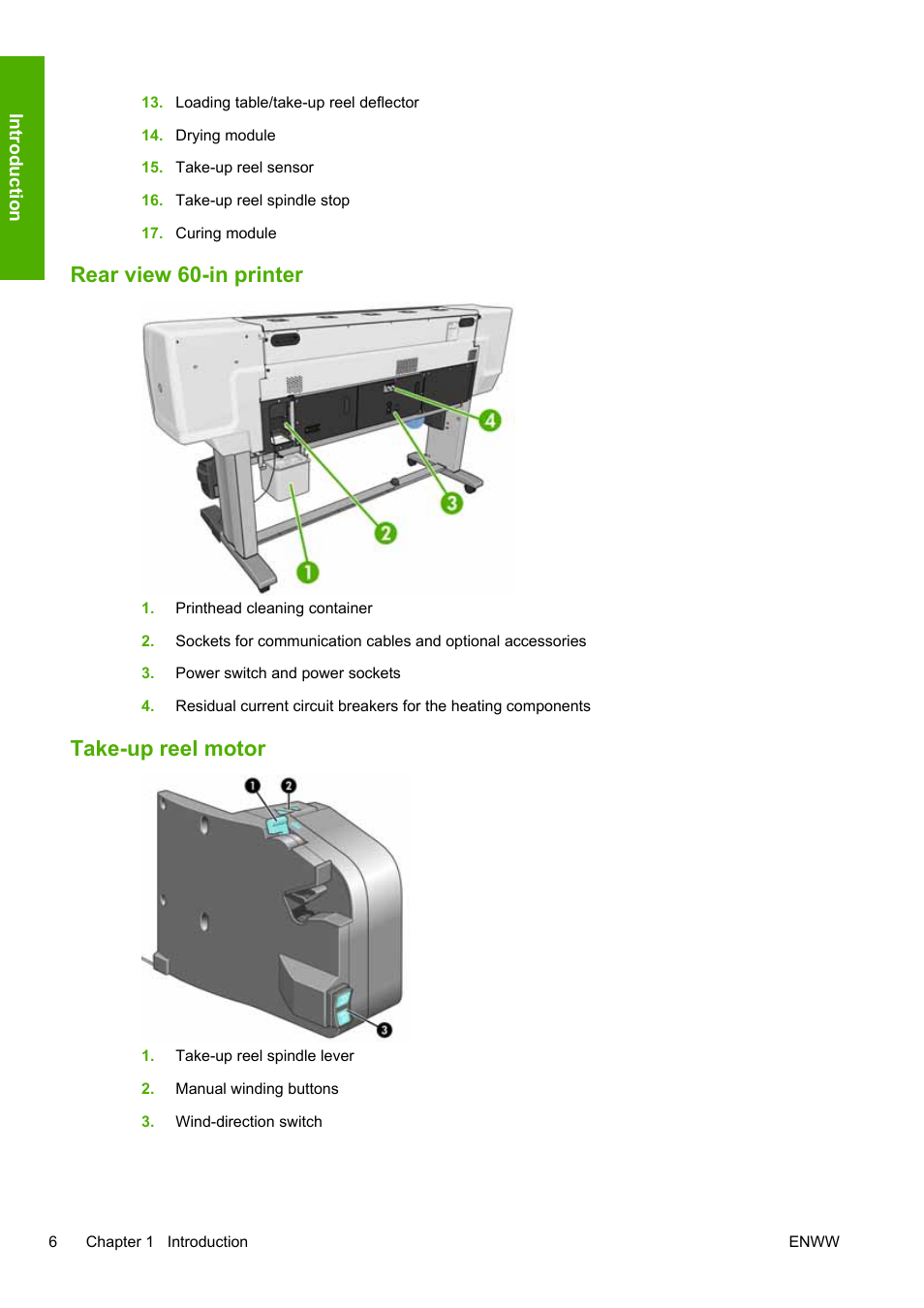 Rear view 60-in printer, Take-up reel motor | HP Designjet L25500 Printer series User Manual | Page 10 / 82