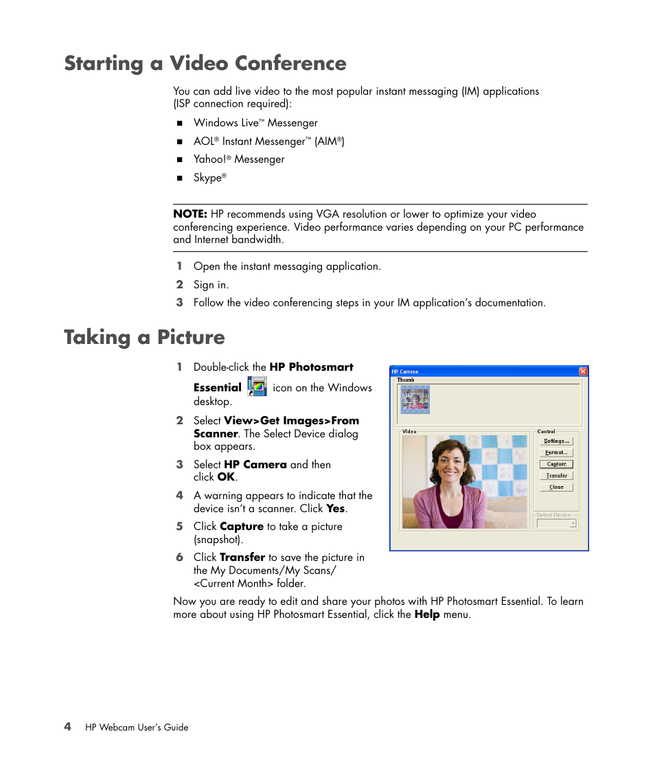 Starting a video conference, Taking a picture, Starting a video conference taking a picture | HP 1.3-Megapixel Ultra Notebook Webcam User Manual | Page 8 / 16