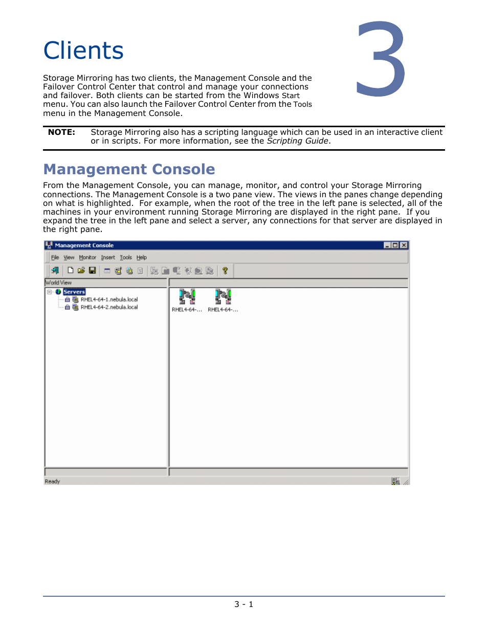 Clients, Management console, Chapter 3 clients -1 | Logging on and off of storage mirroring -2 | HP Storage Mirroring Software User Manual | Page 30 / 134
