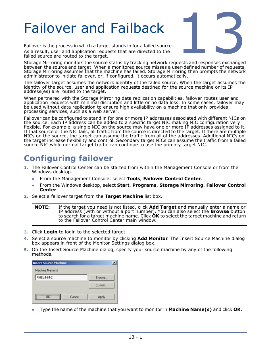 Failover and failback, Configuring failover, Chapter 13 failover and failback -1 | HP Storage Mirroring Software User Manual | Page 78 / 134