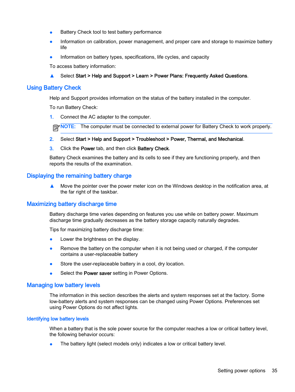 Using battery check, Displaying the remaining battery charge, Maximizing battery discharge time | Managing low battery levels, Identifying low battery levels | HP 350 G1 Notebook PC User Manual | Page 45 / 90