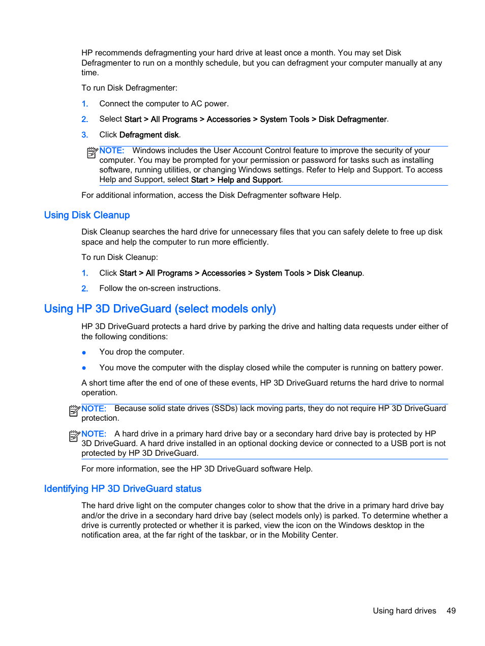 Using disk cleanup, Using hp 3d driveguard (select models only), Identifying hp 3d driveguard status | HP 350 G1 Notebook PC User Manual | Page 59 / 90
