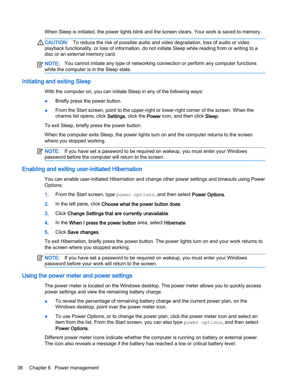 Initiating and exiting sleep, Enabling and exiting user-initiated hibernation, Using the power meter and power settings | HP ProBook 430 G2 Notebook PC User Manual | Page 48 / 98