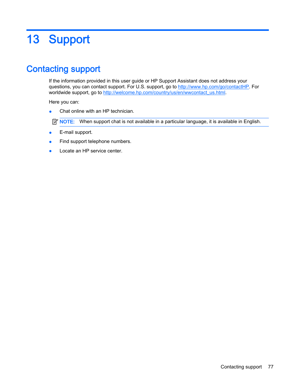 Support, Contacting support, 13 support | HP ProBook 430 G2 Notebook PC User Manual | Page 87 / 98
