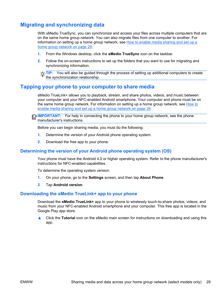 Migrating and synchronizing data, Tapping your phone to your computer to share media, Downloading the smedio truelink+ app to your phone | HP Split 13t-g100 CTO x2 PC User Manual | Page 39 / 89