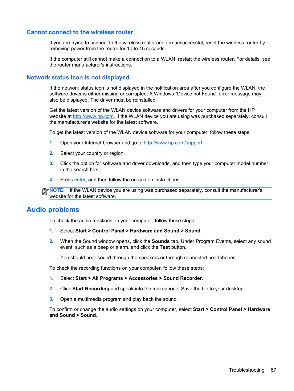 Cannot connect to the wireless router, Network status icon is not displayed, Audio problems | HP Pavilion dv6-7122he Entertainment Notebook PC User Manual | Page 97 / 104
